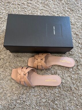 Saint Laurent Nude Braided Leather Slide Sandals